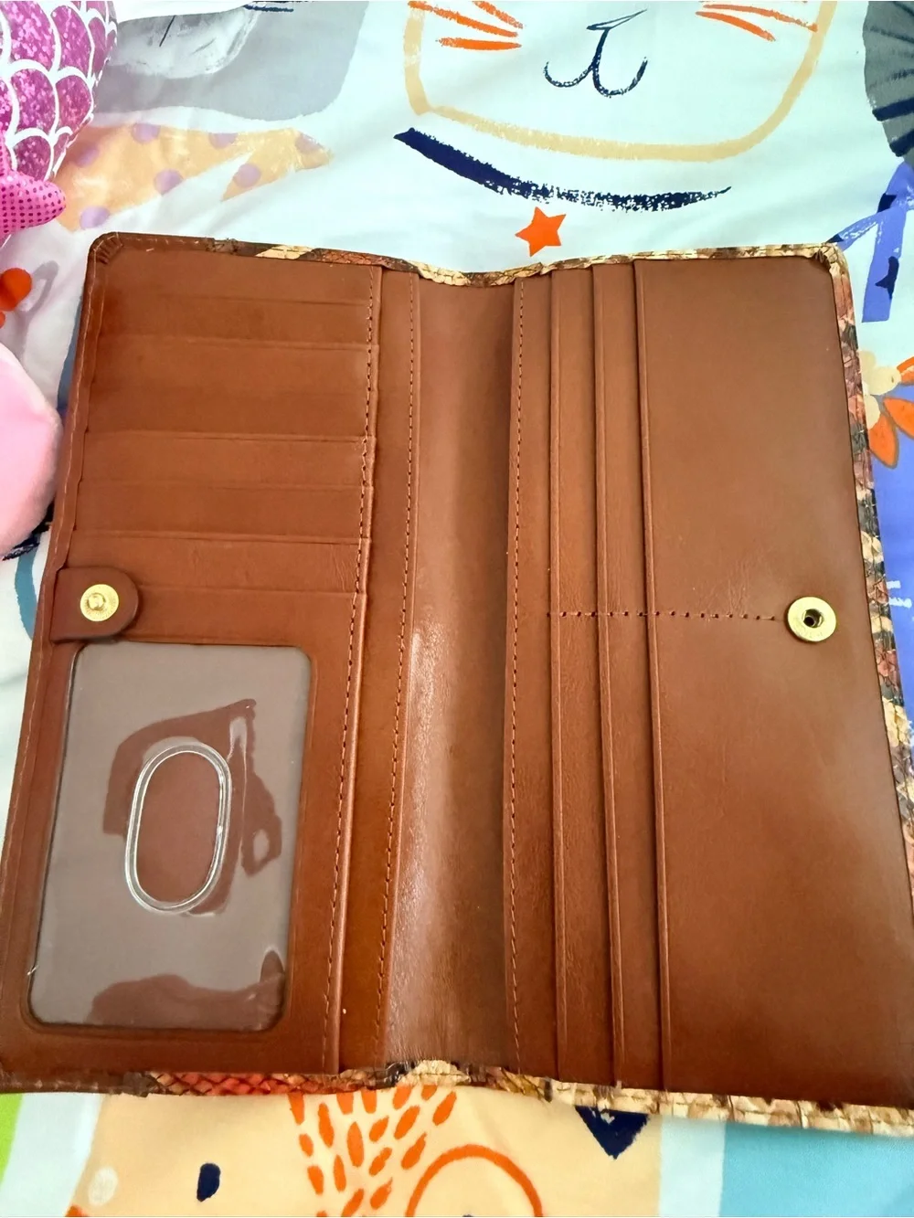 Brahmin Brown Leather Continental Wallet with Multicolor Snake-Print Flap